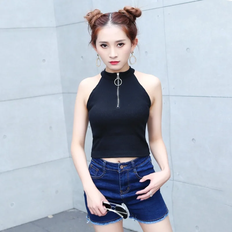 

Women Sexy Sequined Zipper Halter Short Tees Off Shoulder Crop Top Summer Tops For Women Black/White Color Basic Tops