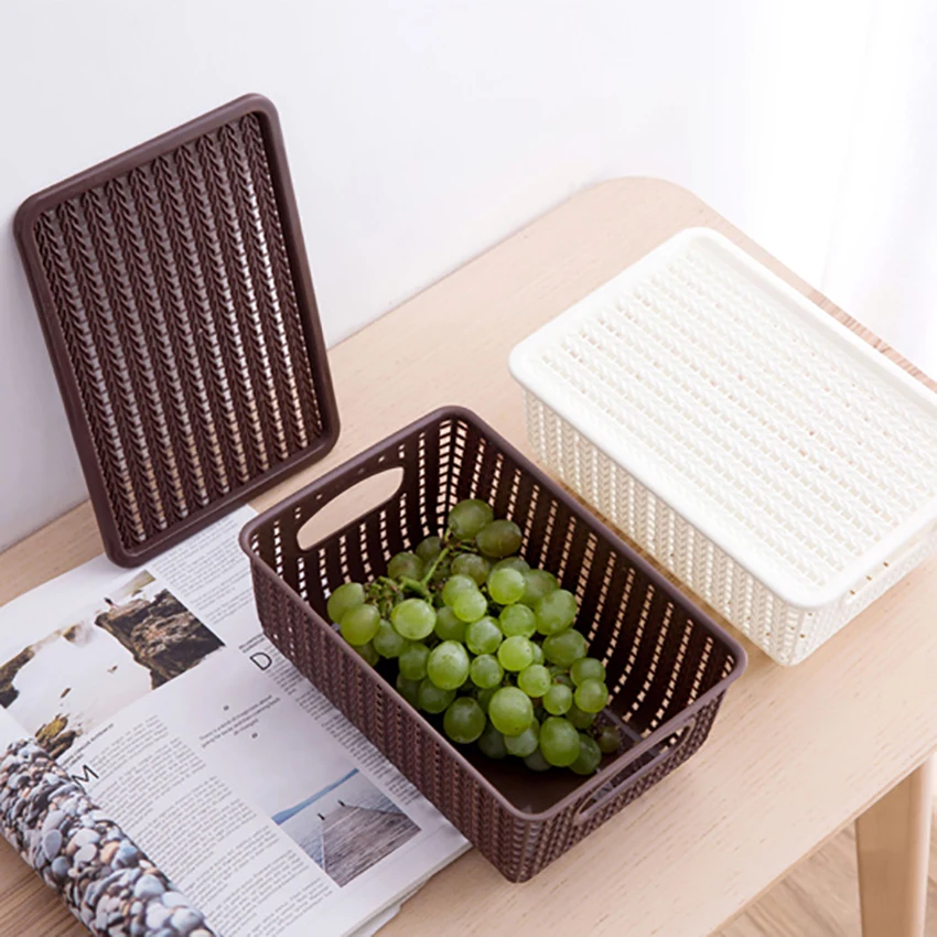 

Plastic Weaving Rattan Basket Multifunctional Bathroom Shower Storage Basket Debris Storage Organizer With Handle Lid Cover NEW