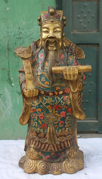 

xd 003389 24" Chinese Cloisonne Bronze Gilt Wealth Dragon Mammon God Buddha Ruyi Statue