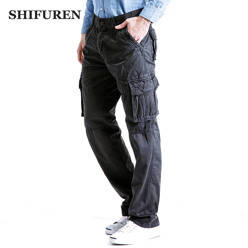 

SHIFUREN Plus Size 29-40 Men Causal Cargo Pants Multi Pockets Loose Fit Male Military Overall Trousers Cotton Baggy Cargo Pants