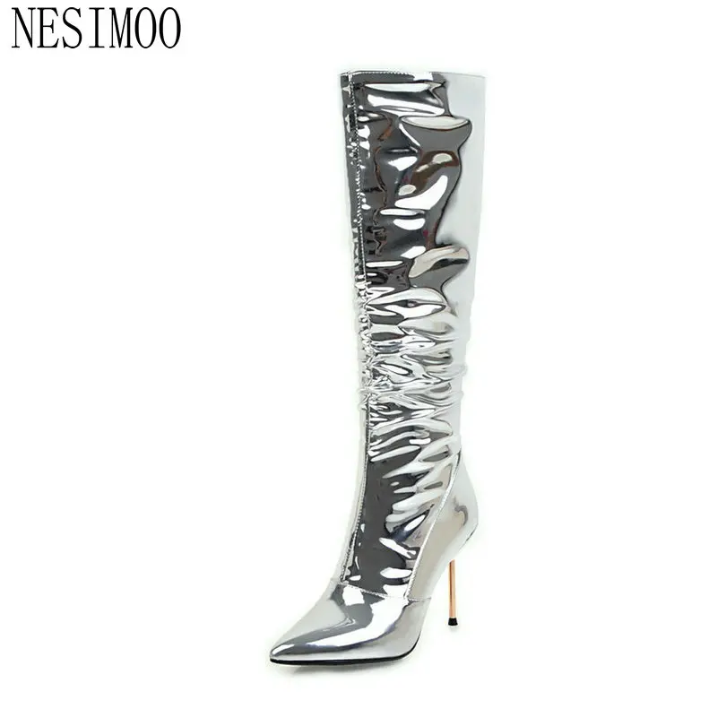 

NESIMOO 2019 Women Motorcycle Boots Knee High Boots Women Winter Shoes Thin High Heel Sexy Pointed Toe Women Boots Size 34-43