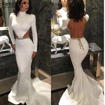 

Grace New Arrival White High-Neck Long-Sleeve Prom Dress Sexy Backless Mermaid Evening Dresses Vestido De Fiesta