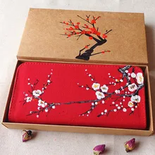 2016 mode femmes dames à main levée tissu à la main Wintersweet rouge longue fermeture éclair portefeuille carte détenteur de monnaie bourse d’embrayage portefeuilles cadeau