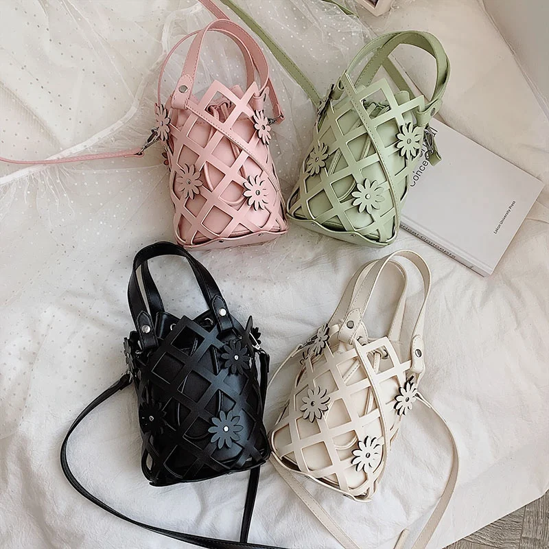 

JHD-Rhombus Design Ladies Handbag Pu Leather Summer Beach Bag Hollow Bucket Bag Holiday Ladies Handbag