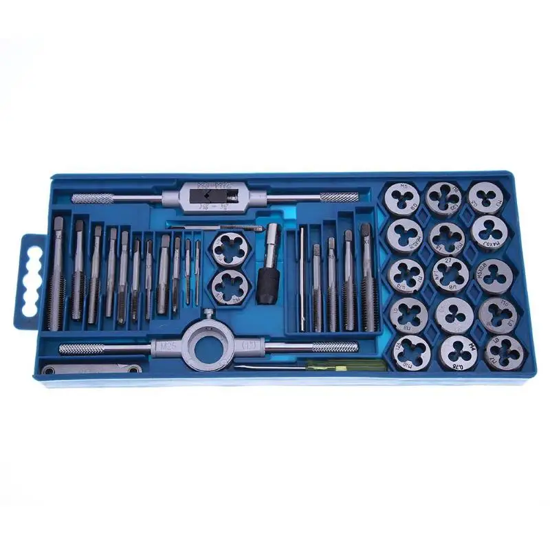 

40pcs/set Carbon Steel Tap and Die Set Metric Tapping Threading Machine Wrench Screwdriver Pitch Gauge Drift Holder Hand Tools