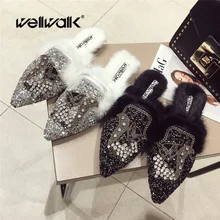 

Crystal Mules Women Fluffy Slippers Indoor Winter Slides For Women Fox Animal Slippers With Fur Sliders Shoes Women Slippers