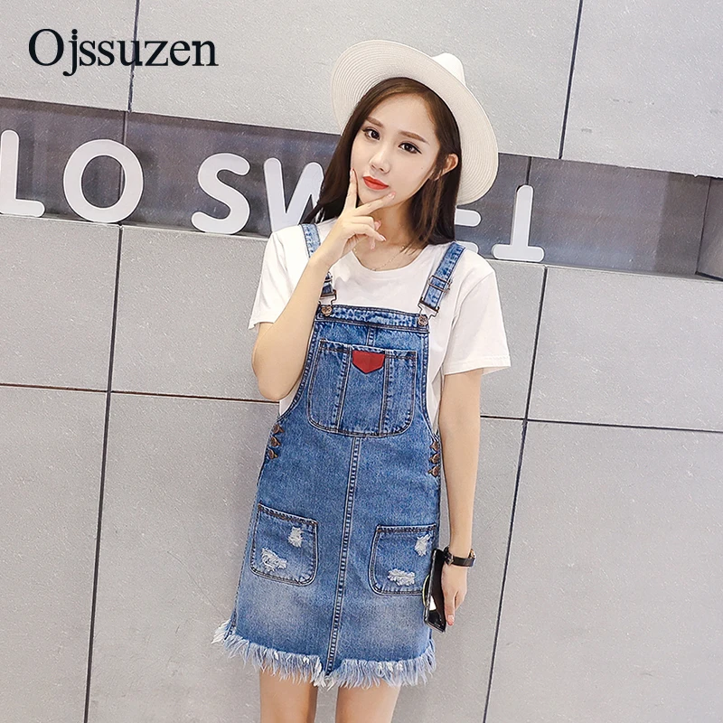 

2019 New Summer Denim Women Sundress Washed Casual Female Jeans Dress Tassel Sarafan Ripped Suspenders Woman Denim Dresses
