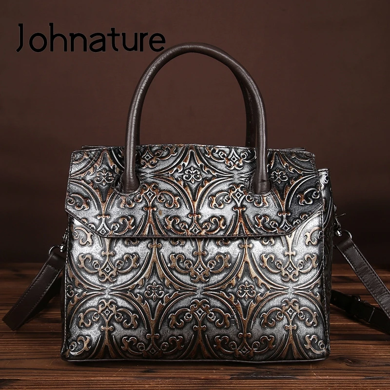 

Johnature 2019 New Handmade Genuine Leather Fashion Women Shoulder & Handbags Vintage Floral Leisure Embossed Messenger Bag