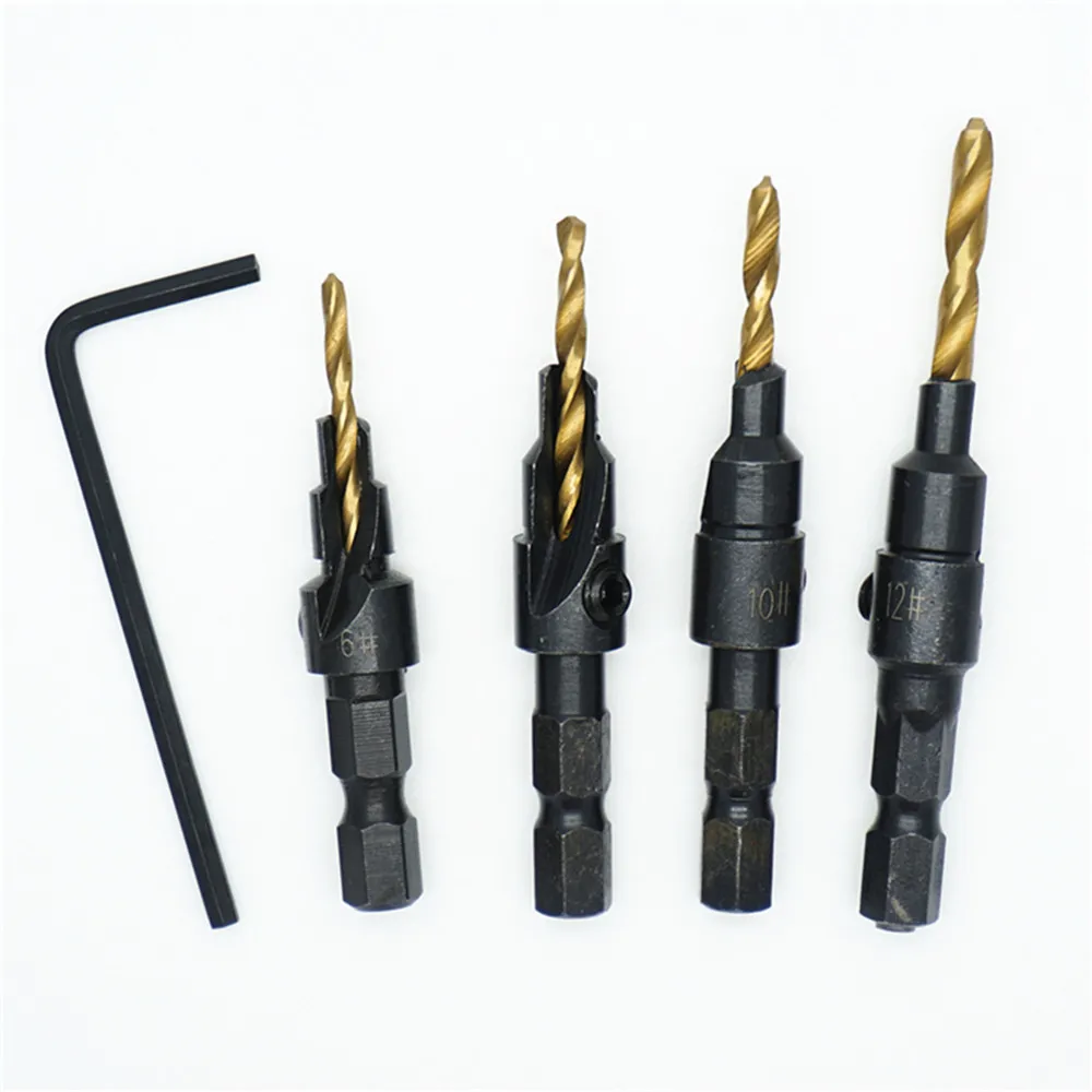 

FGHGF 4PCS Titanium Plated Hex Shank Screw Guide Countersink Countersink 1/4 Woodworking Hole HSS Drill Bit Tapper Set