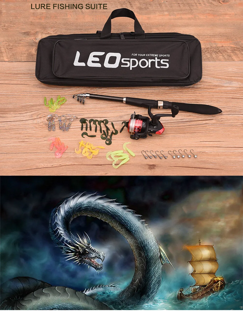 LEO 1.6M Telescopic Fishing Rod Kit+ Fish Reel Lure Hook Tackle Fishing Rod Reel Set Full Kit Spinning Reel Pole Rod Combo