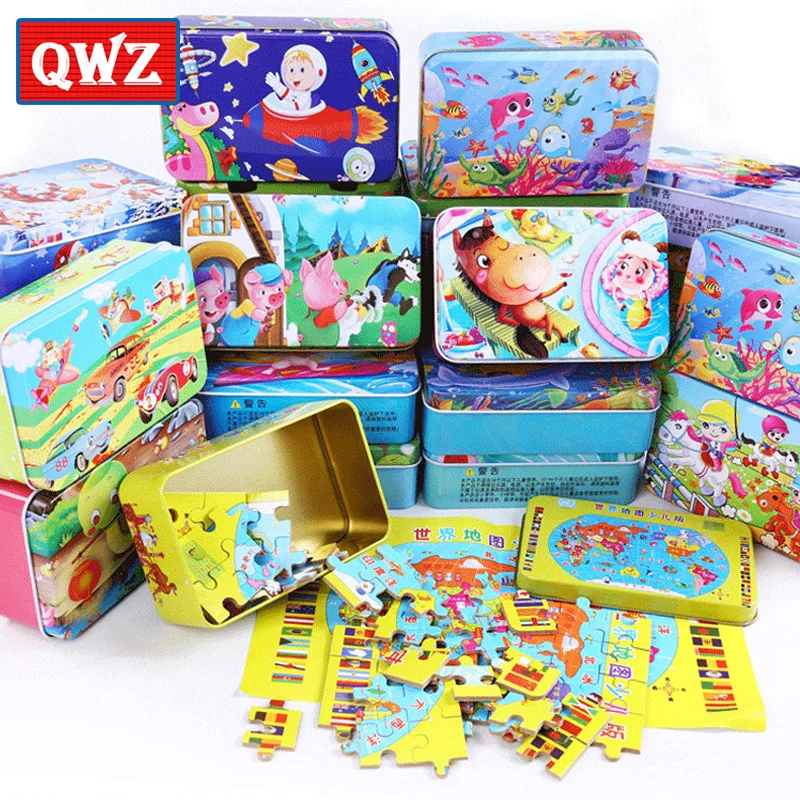

QWZ NEW 24 Styles 60Pcs/box Cartoon Puzzle Toys Wood Toys for Children Iron Box Children Education Toy For Kids Christmas Gifts