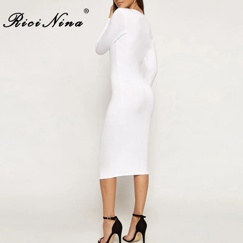 RICININA 2019 Women Dress Woman O-Neck Long Sleeve Slim Midi Dress Vestidos Ladies Spring Autumn Casual Sexy Bodycon Dresses