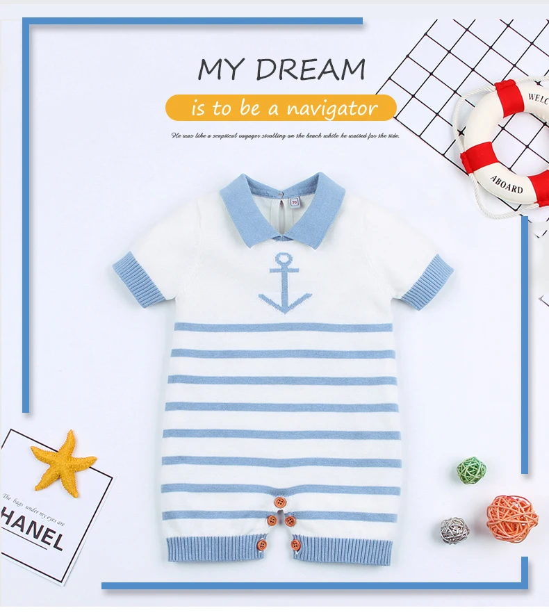 Macacão de Bebê Recém nascidos de Manga Traje de Uma Verão Tarja Crochê Bebê Menina Menino Macacão Crianças Jumpsuit Roupas Curta Azul Peça 2 recém-nascido menino macacão crianças uma peça traje