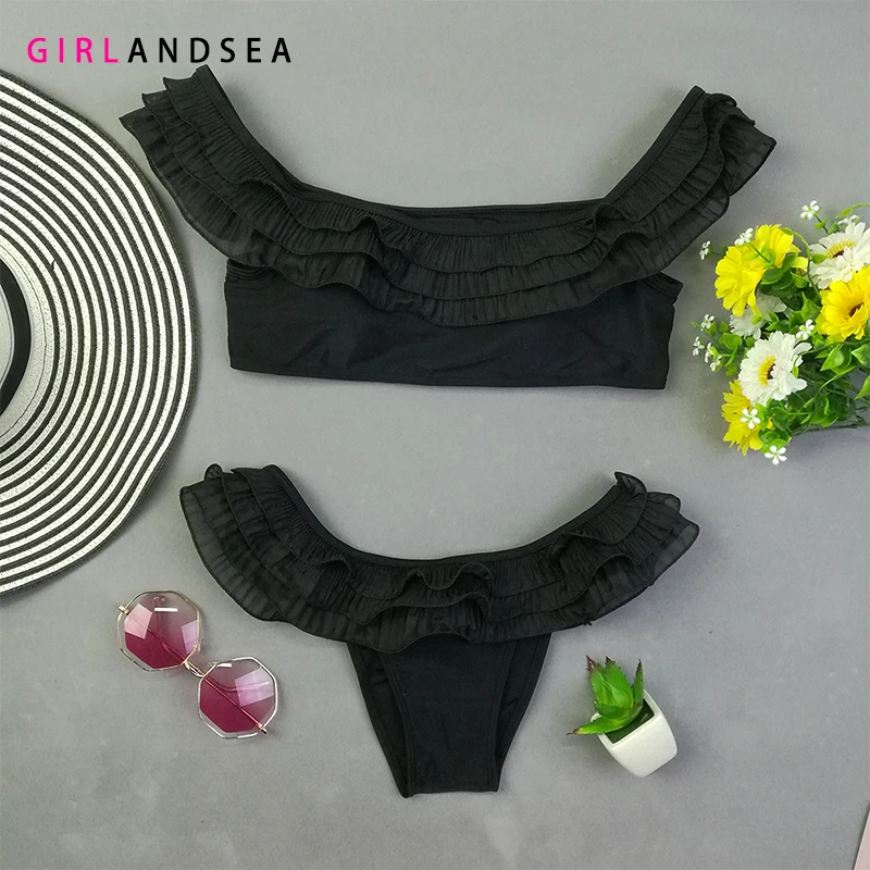 

GIRLANDSEA New 2019 Low-waisted Bikini Set Solid Swimsuit