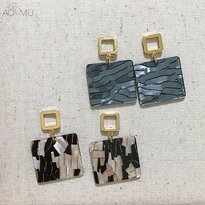 

AOMU Japan Acetate Acrylic Gold Color Round Circle Geometric Square Earrings Marble Pattern Vintage Korea Jewelry
