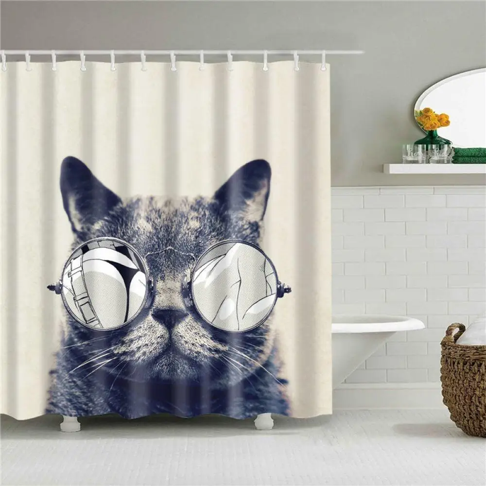 Christmas Cartoon Cat Print Shower Curtains for Bathroom Shower Curtain Washable Bath Decor Polyester Fabric Bathroom Curtain