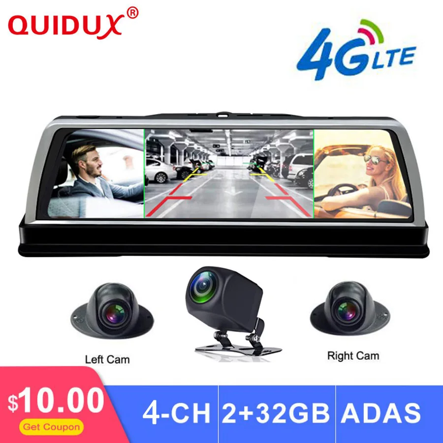 

QUIDUX 10" 4G 4 Cameras Car Dash Cam ADAS Android Car DVR Video Recorder 1080P Rearview mirror with GPS Navigation wifi Dashcam