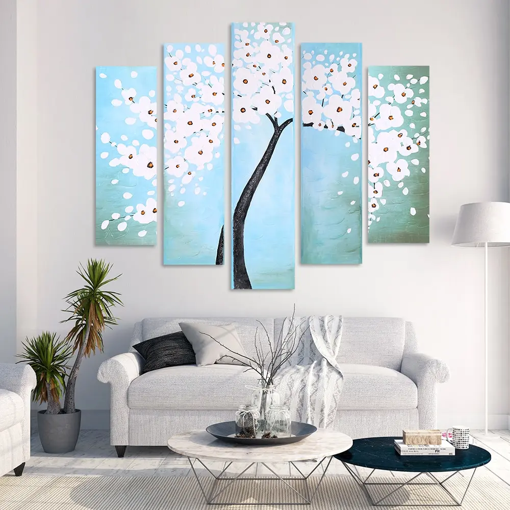 

5-Panel Waterproof 3D Hand-Painted Oil Painting Abstract Flower Tree Canvas Picture Wall Art Decor for Living Room Office