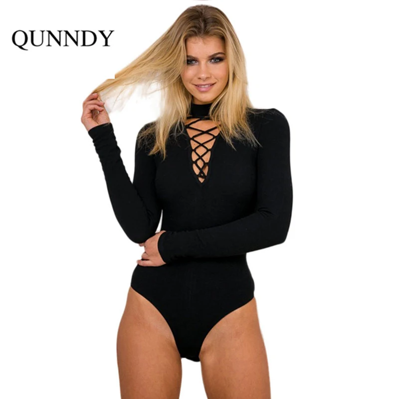 Sexy women bandage solid bodysuit long sleeve knitted