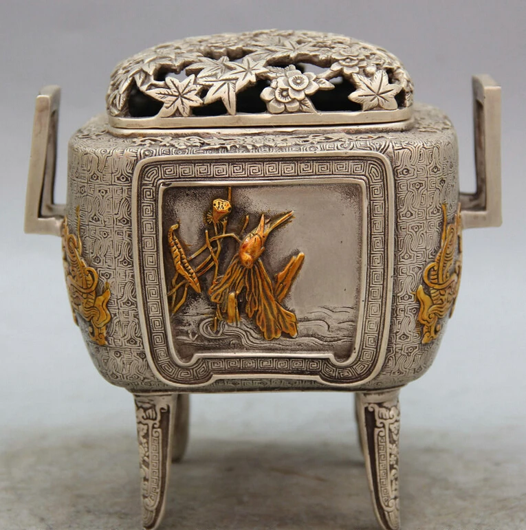 

song voge gem S5743 7" Marked Chinese Silver Gild 4 Foot Dragon Beast head Incense Burner Censer