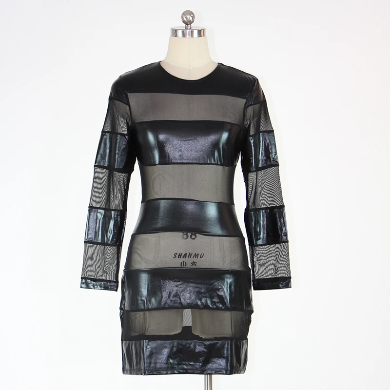 Black Mesh Patchwork Bodycon Dress Sexy Clubwear Black Long Sleeve Dresses Party Vintage Bandage Vinyl Wetlook Leather Dress (6)