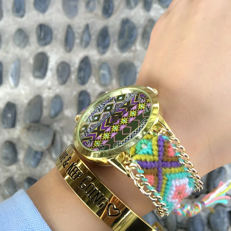 Aztec Мода Красочные Плетеный ручной работы Женева Для женщин кварцевые часы, новые Стиль дружбы Часы браслет Для женщин кварцевые часы