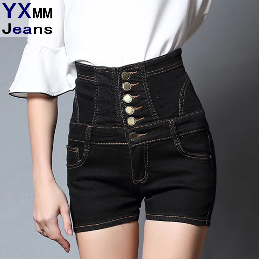 YXMM Plus Size Black Denim Shorts Vintage High Waist Jeans Shorts