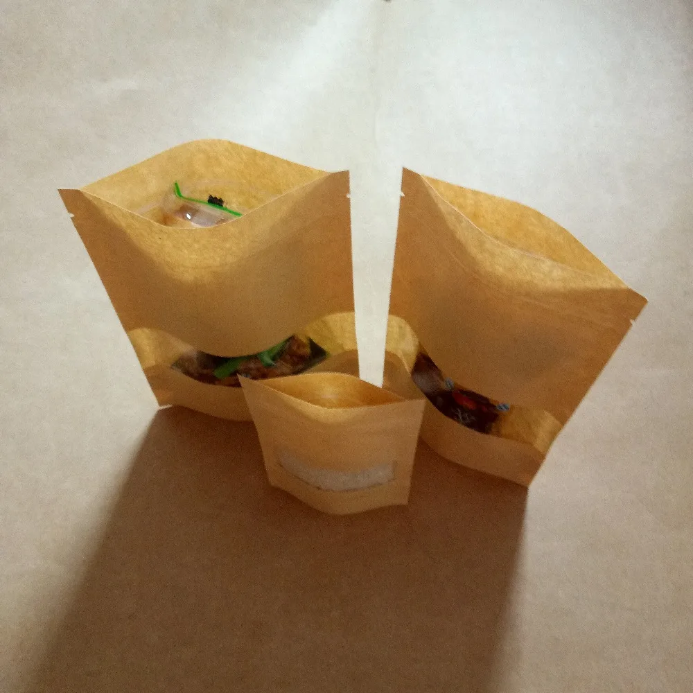 12*20+4cm 100pcs Stand Up Clear Window Brown kraft paper bags with