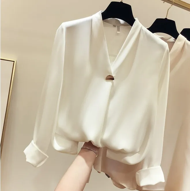 

Spring 2019 New Korean Style V-collar Clasp Solid-color Long-sleeved Chiffon Blouse Lady Loose Shirt All-match Basic Top Blusas
