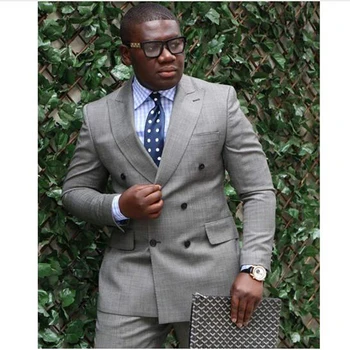 

Latest Coat Pant Designs Grey Double Breasted Men Suits 2017 Custom Tuxedos Wedding Groom Suits For Men Slim Fit (Jacket+Pant)