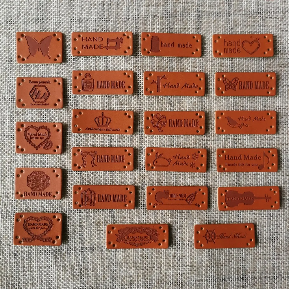 

20 pcs Handmade Letter Pattern PU Leather Tags Rectangle Embossed Label DIY Flag Labels For Garment Accessories