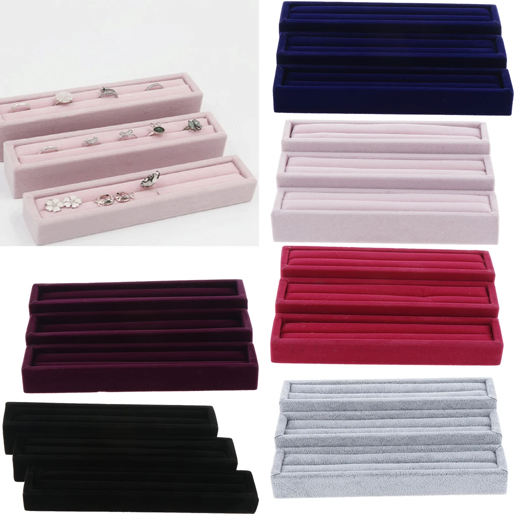 3pcs Velvet Slots Ring Trays Showcase Display Jewelry Holder Box Long Case Rings Stud Earring Cufflink Jewelry Packaging