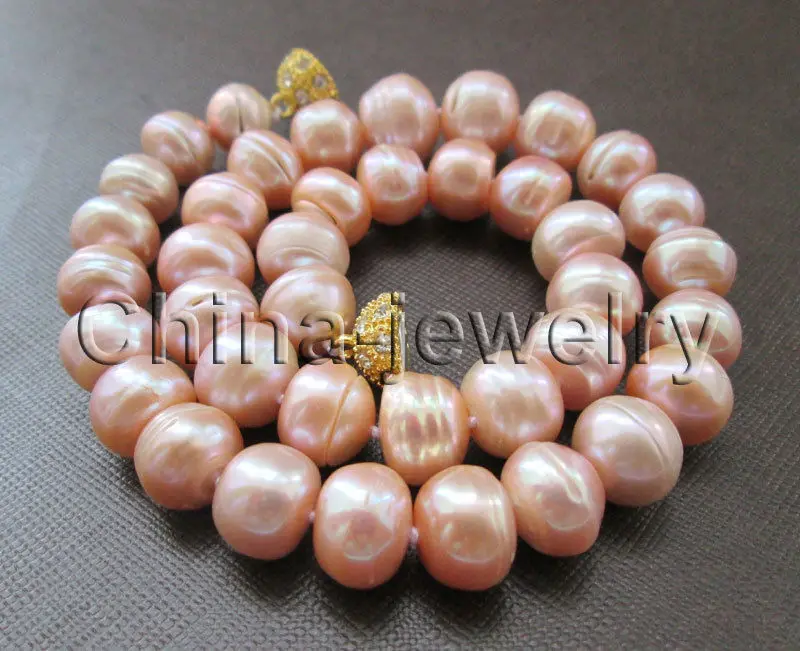 

Free shipping >>>>>17" 14mm pink bread shape freshwater pearl necklace - magnet zircon ball clasp