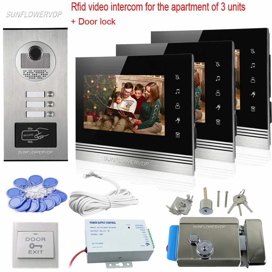 Rfid 3 Call Keys Intercom Video 7\ Color Video Doorphones Home Phone For 3 Apartments Intercom System Kit With Electronic Lock Rfid 3 Call Keys Intercom Video 7\ Color Video Doorphones Home Phone For 3 Apartments Intercom System Kit With Electronic Lock
