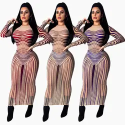 Для женщин 2019 Весна сетки волна полосы печати с длинным рукавом Bodycon Тощий миди вечерние для вечеринок и клубов длинные макси платья Vestidos 3595