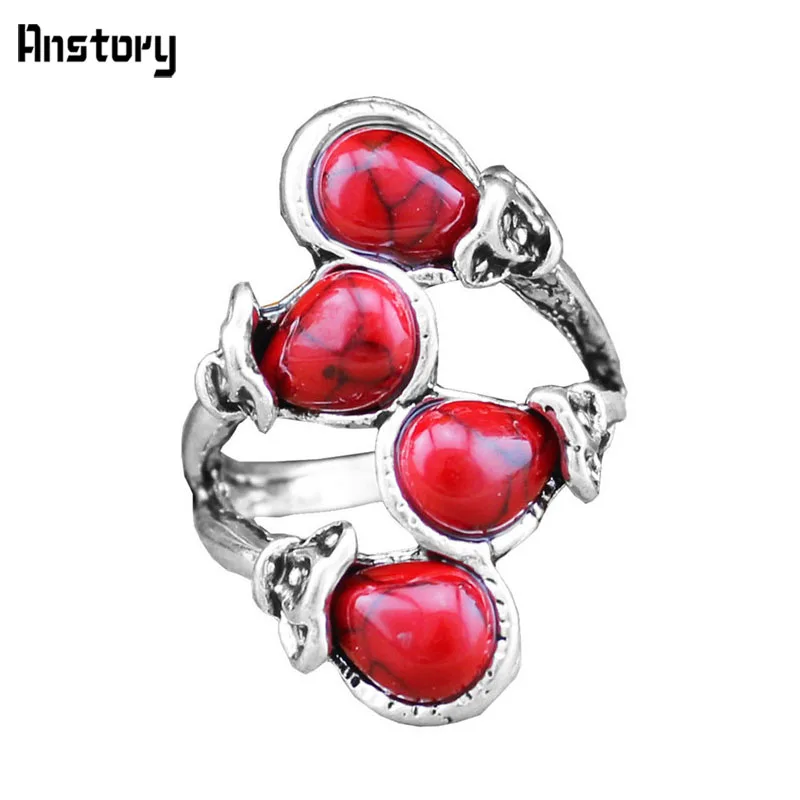 

Vintage Look Tibetan Alloy Antique Silver Plated Cute Four Bead Plant Stone Ring TR01