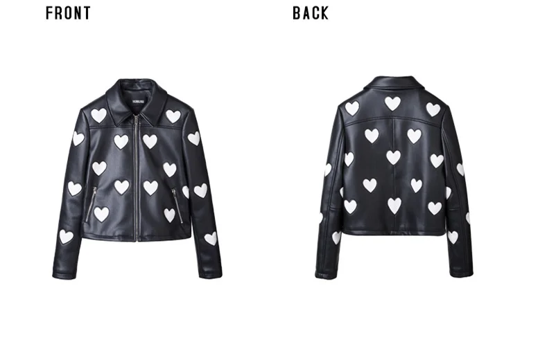 7Mang Women Cute Heart Pu Leather Jacket Street Sweet Turn down Collar Soft Slim Ladies Coat Black Long Sleeve Party Jacket