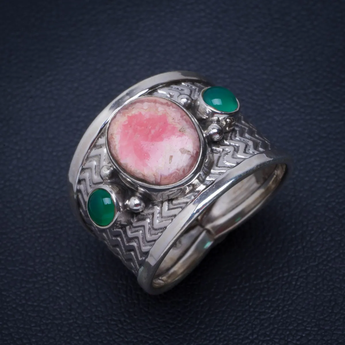 

Natural Rhodochrosite And Chrysoprase Handmade Unique 925 Sterling Silver Ring 8 B1100