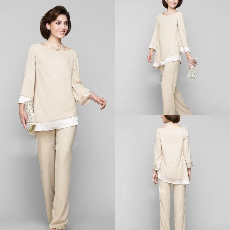 

2019 Elegant Mother of the Bride Dresses Jewel Neck Long Sleeves Pants Suits Evening Gowns Custom Knee-Length Prom Dress