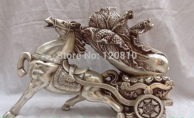 

12 Marked Chinese Silver Wealth Money Running Horse Pull Baicai Cabbage Statue