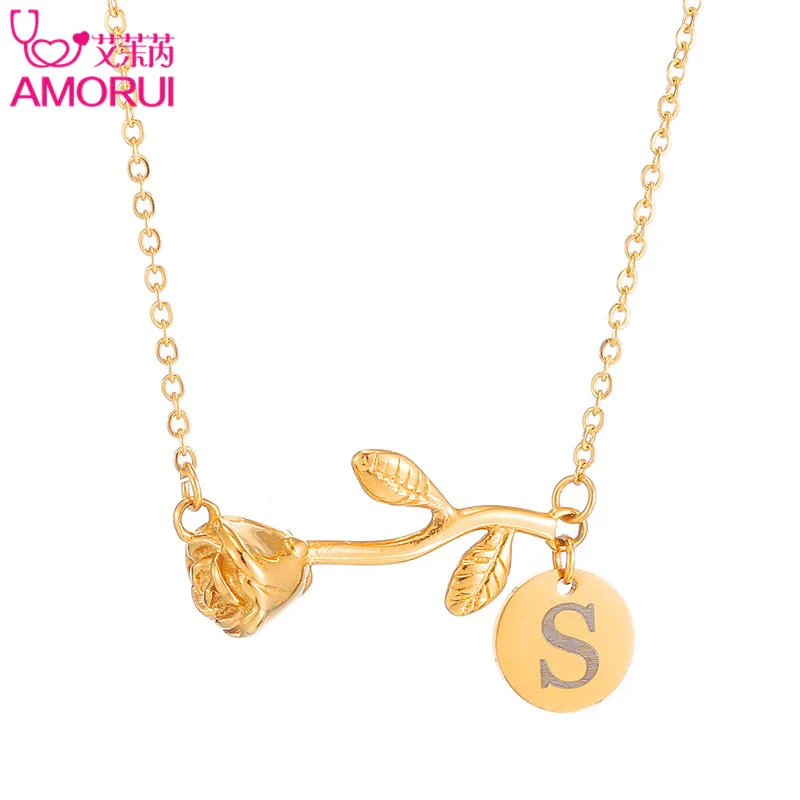 AMORUI Valentine's Personalized Custom Necklace Women Rose Flower Stainless Steel Gold/Silver Color Choker Chain Necklaces Gift