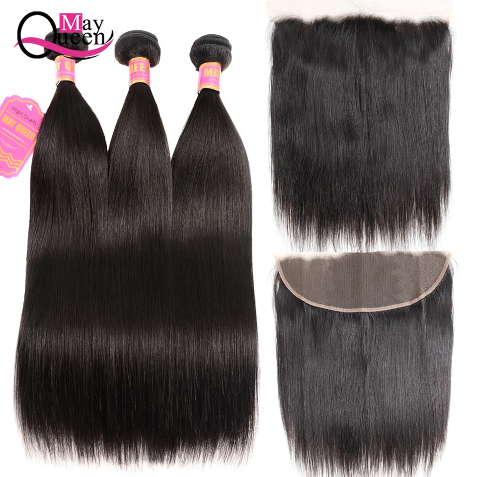 Straight Human Hair 3 Bundles With Frontal Closure 8-26 Inch Non-remy Hair Bundles Malaysian Hair Bundles With 13*4 Closure 