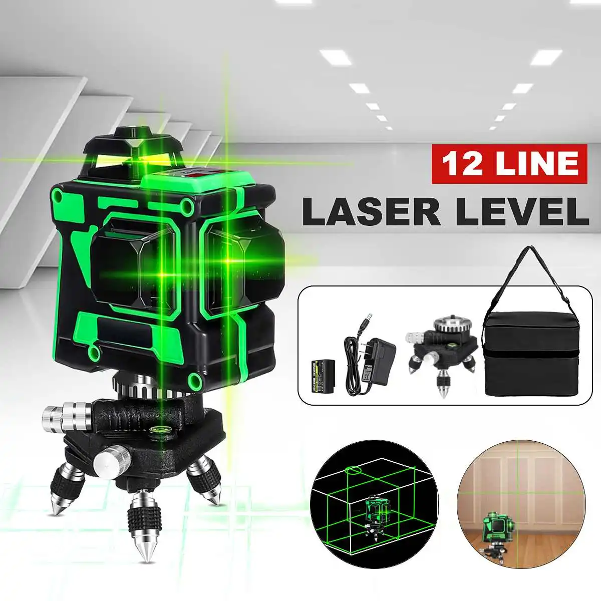 360 градусов вращение, 12 линий, 3D зеленый светильник, лазерный уровень, самонивелирующийся, 1 батарея, для помещений и улицы, измерительный инструмент с чехлом