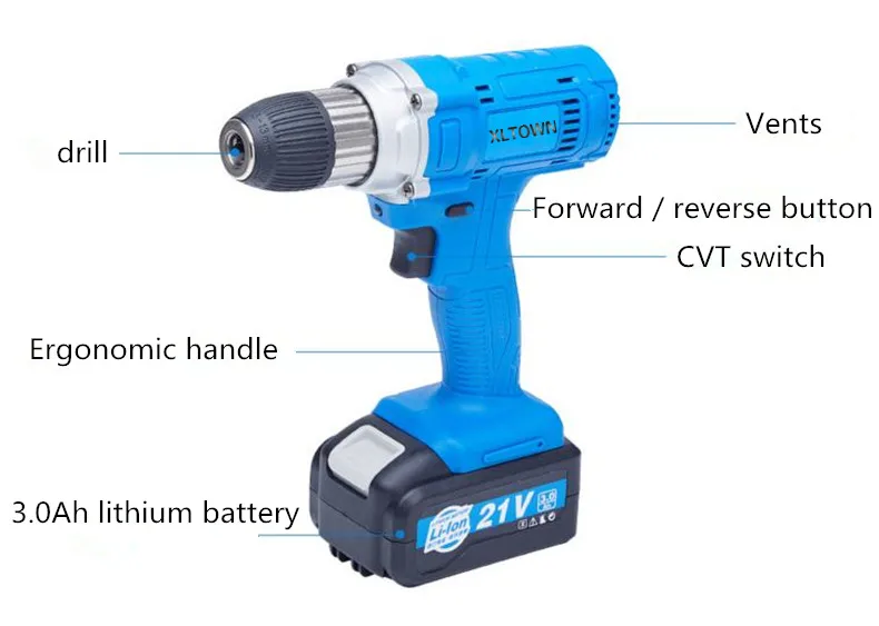 Xltown 21 в высокомощная Аккумуляторная дрель с высокой емкостью перезаряжаемой литиевой батареей, электрическая отвертка, электроинструмент