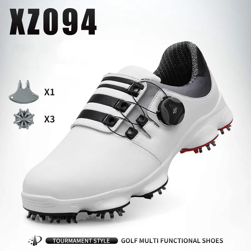 Обувь для гольфа мужские кожаные водонепроницаемые шнурки для кроссовок для занятий спортом ногтей автоматические вращающиеся шипы дышащая обувь для гольфа США 7-10 - Цвет: XZ094 white black