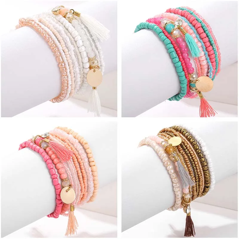 

Bohemian Multilayer Crystal Seed Bead Bracelet Sets 9Pcs/Lot Beads Tassel Elastic Bracelets Bangles Set for Women Girl Gifts