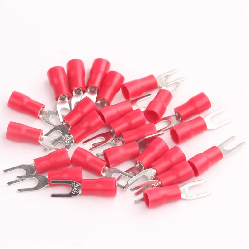 50pcs Fork Type Red Electrical Wiring Connectors SV1.25 3.2 Insulated Spade Terminals for cable