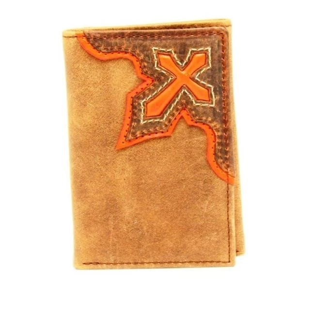Nocona Belt N5415444 Orange Cross Inlay Tri-Fold Wallet Medium Brown - One Size