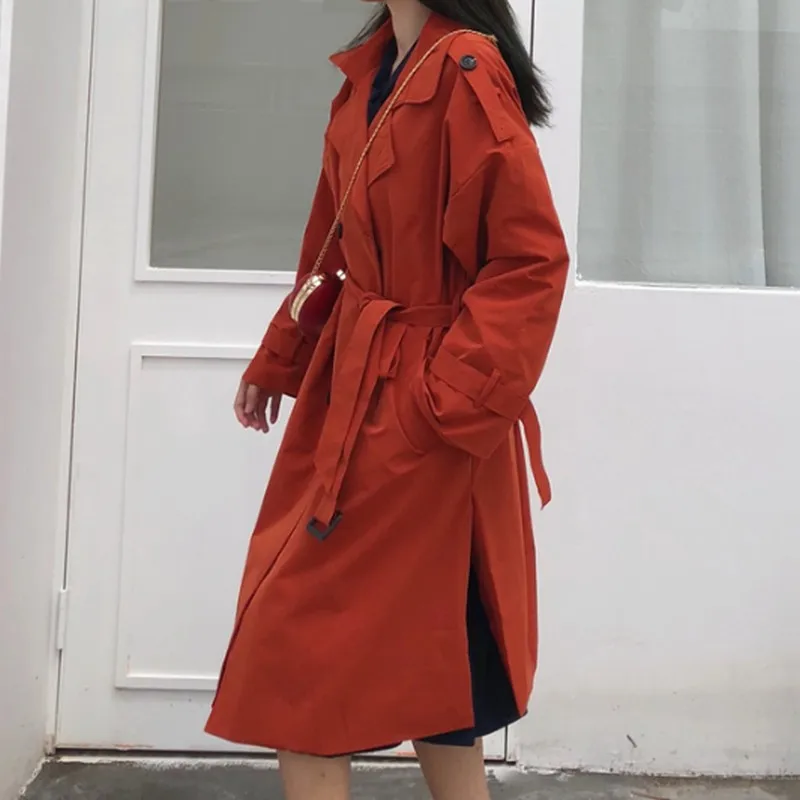 

2019 New Fashion Korean Long Trench Coat for Women Casual Double-breasted Women's Coat Red Khaki Belt Loose Women's Windbreaker