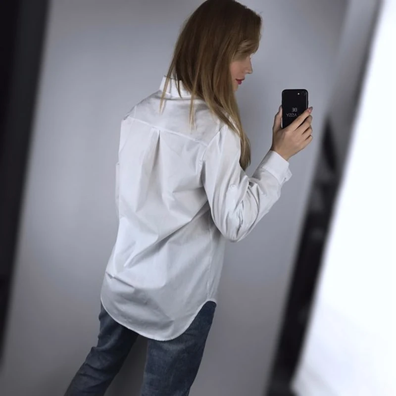  FATIKA 2019 Spring High Quality Loose Blouse Turn-Down Collar Long Sleeve Solid Basic Shirts Tops N